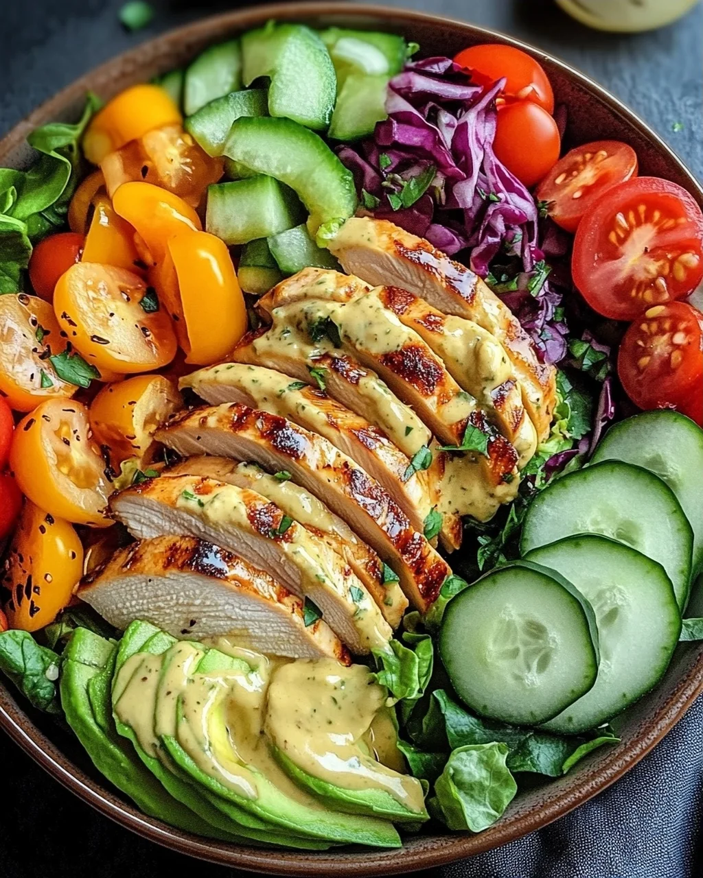 Bunte Salat Bowl mit Avocado, Hähnchen und Knoblauchdressing