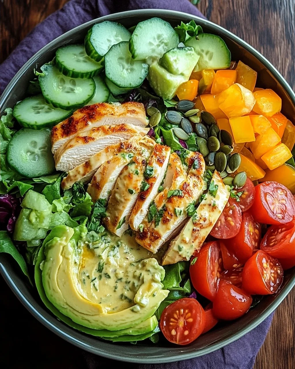 Bunte Salat Bowl mit Avocado, Hähnchen und Knoblauchdressing