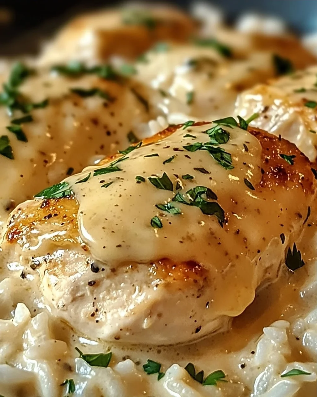 Cremiges Überbackenes Hühnchen und Reis zum Verlieben