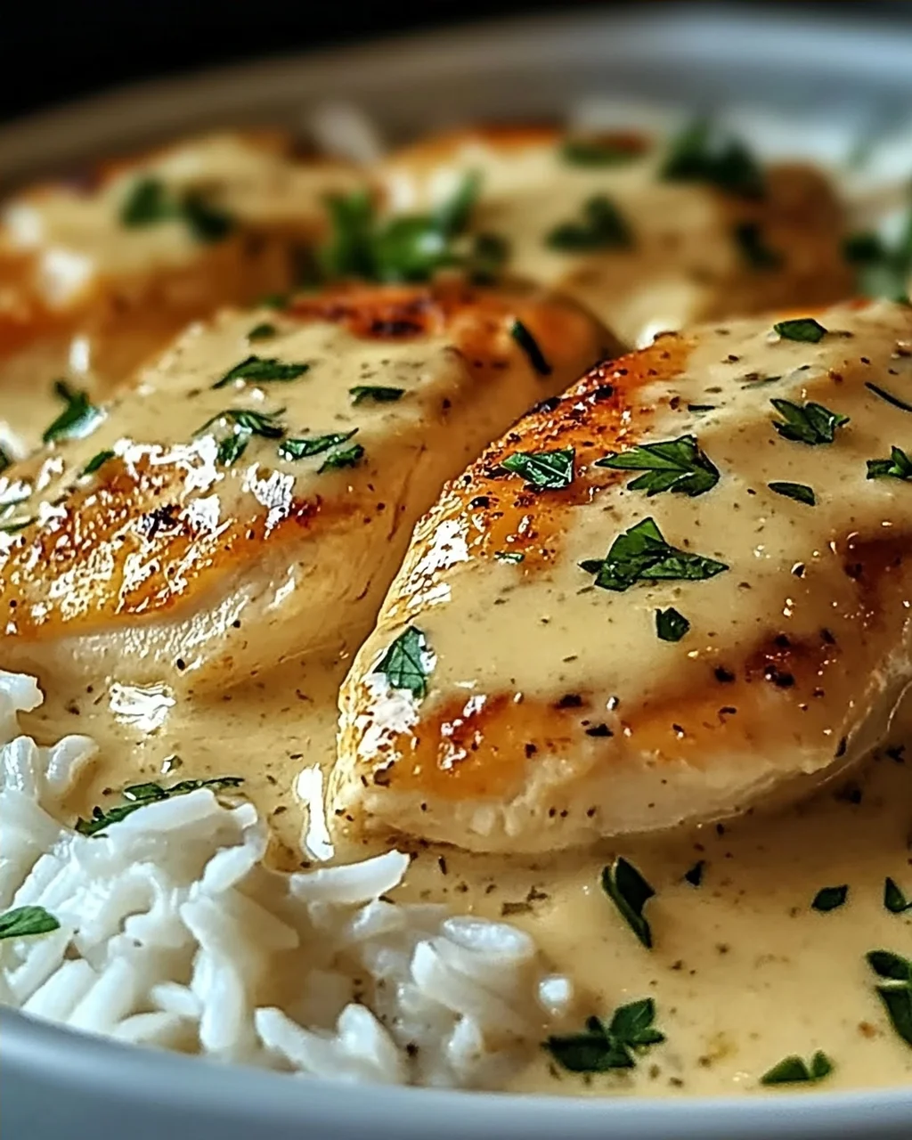 Cremiges Überbackenes Hühnchen und Reis zum Verlieben