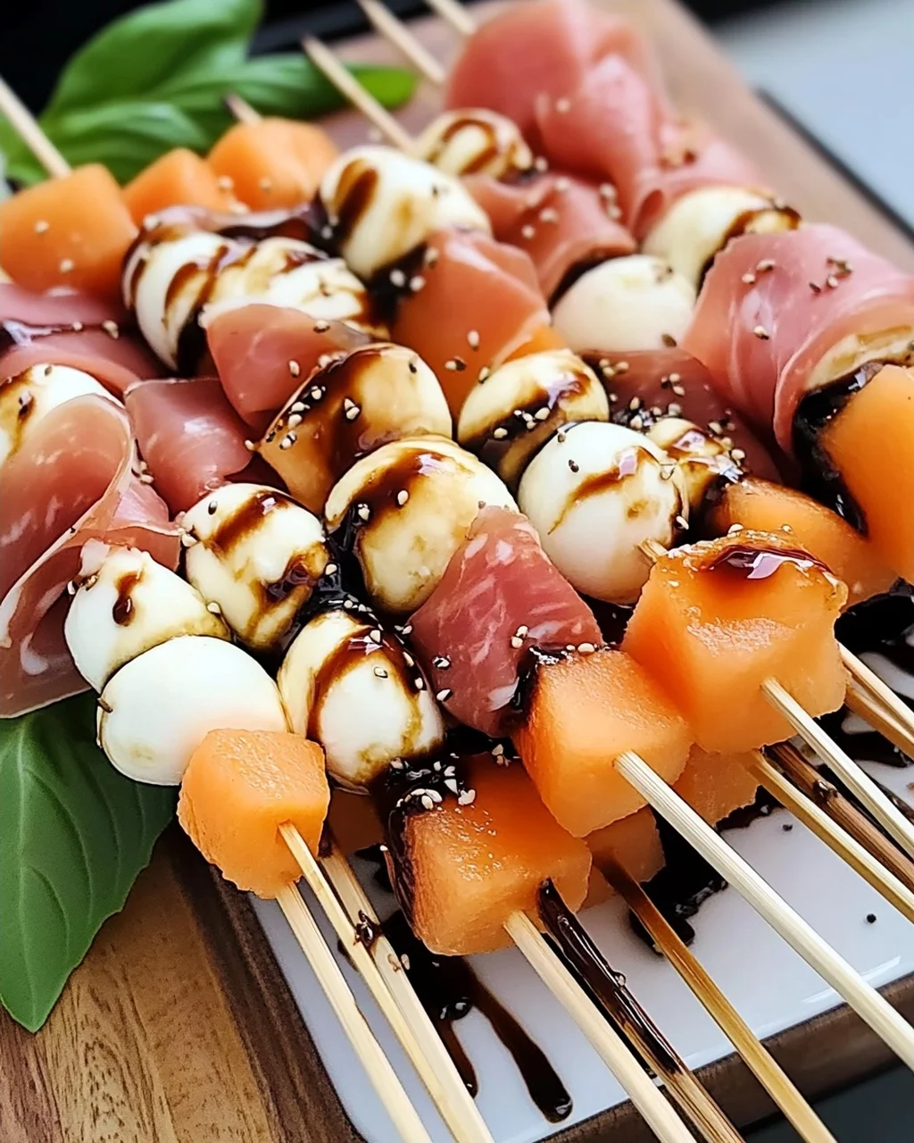 Erfrischende Melonen-, Prosciutto- und Mozzarella-Spieße