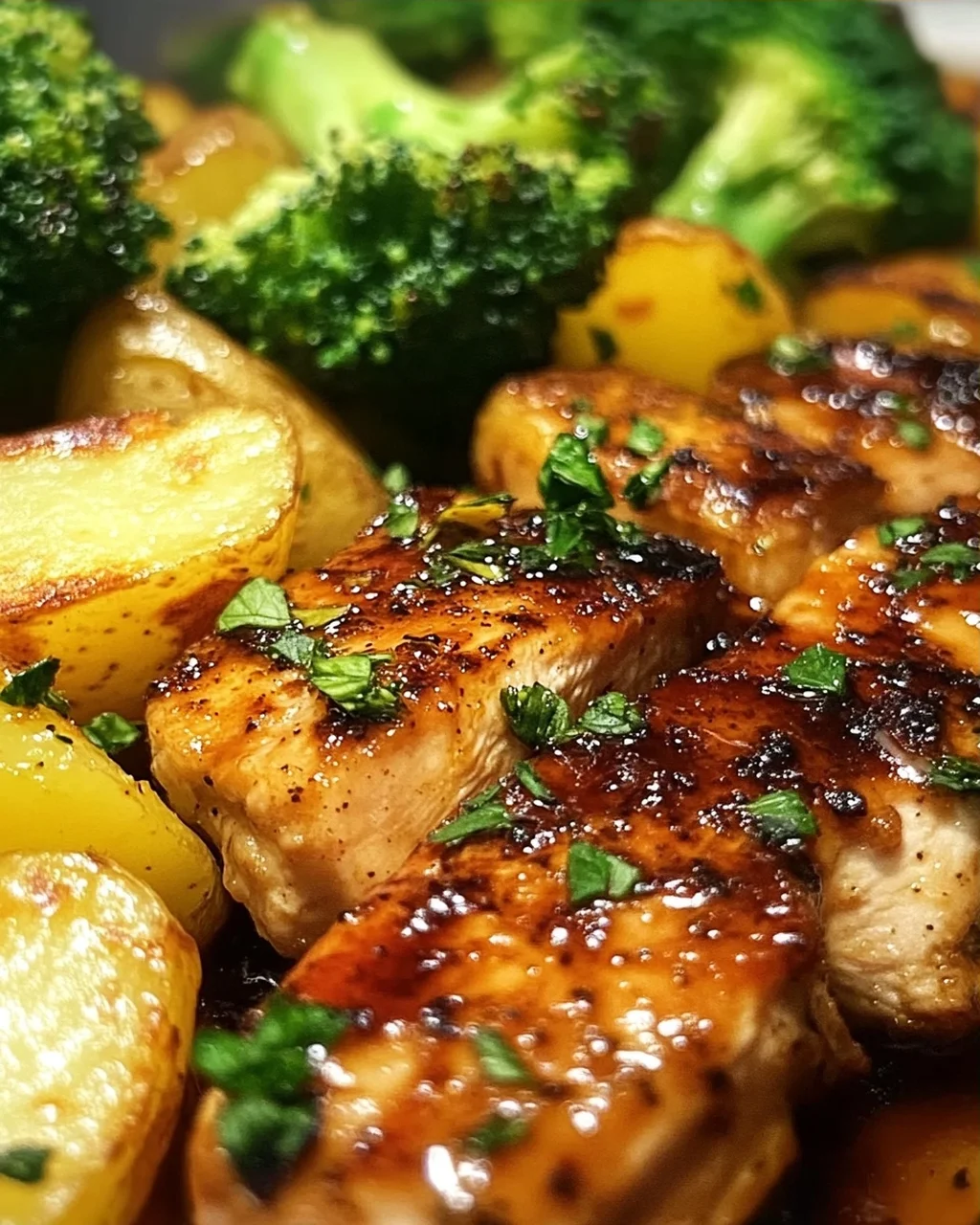 Honig-Knoblauch-Hähnchen mit Brokkoli und Kartoffeln aus dem Ofen