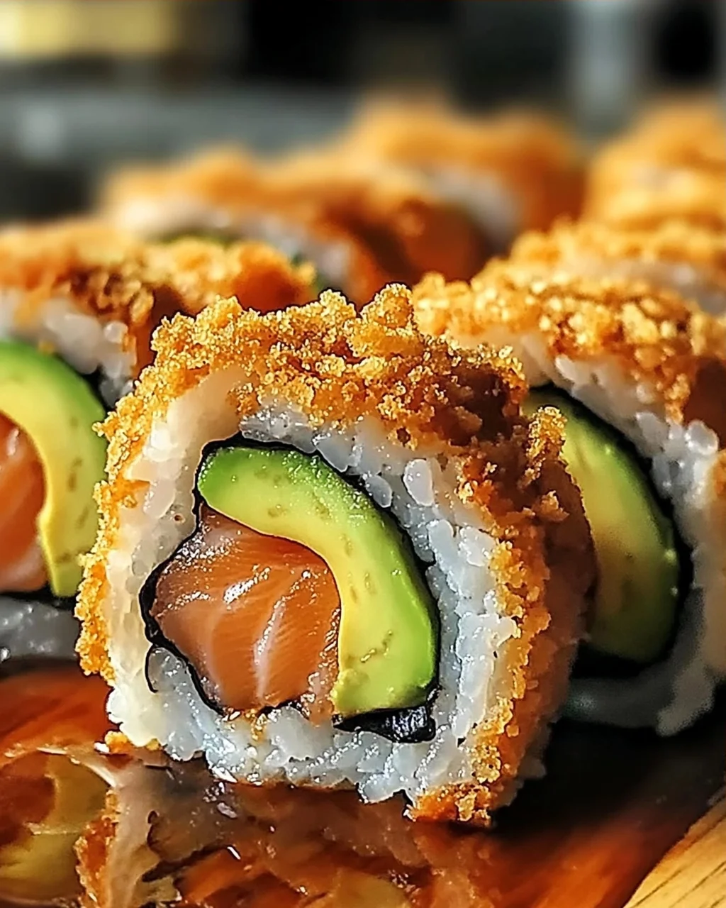 Knusprige frittierte Lachs- und Avocado-Rollen genießen