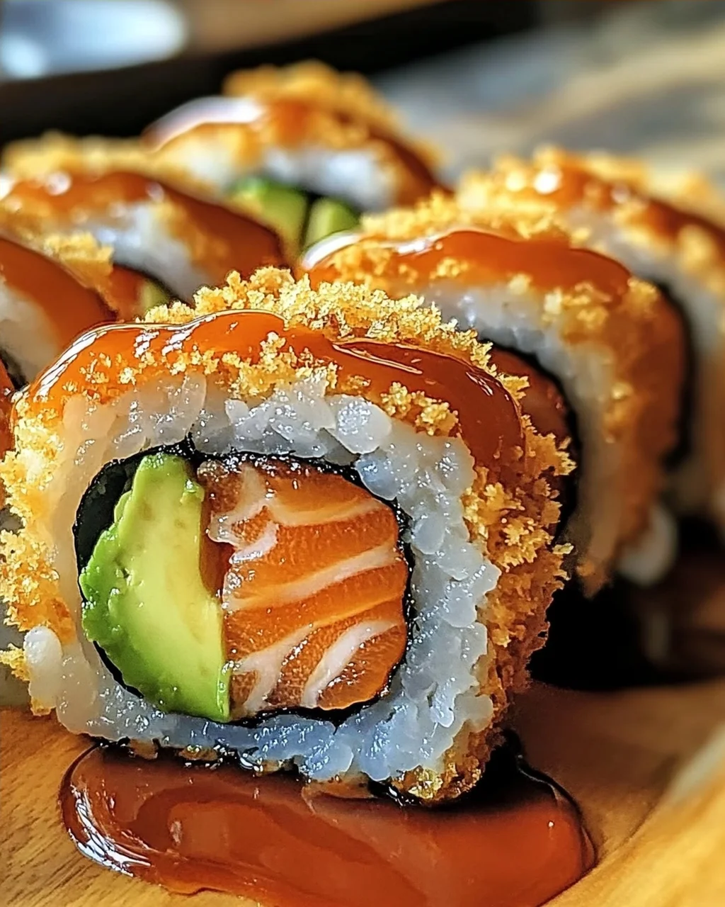 Knusprige frittierte Lachs- und Avocado-Rollen genießen