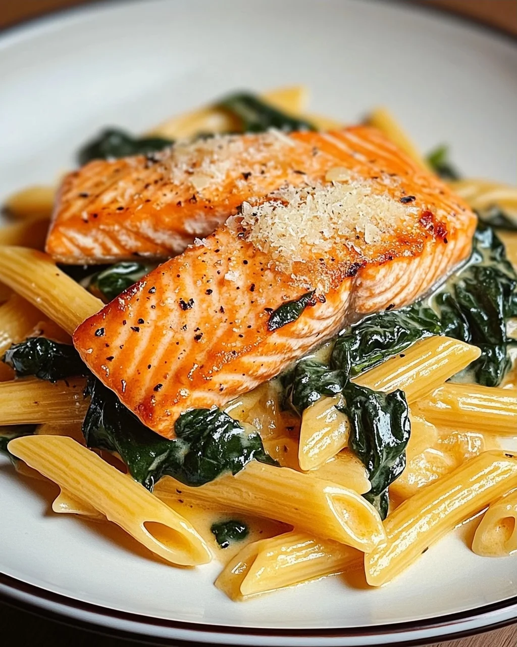 Lachs Penne mit Spinat