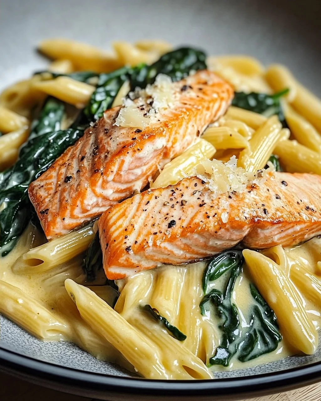 Lachs Penne mit Spinat