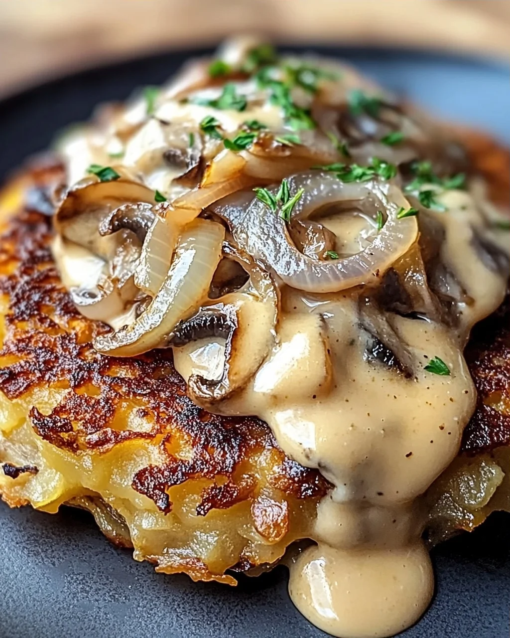 Mozzarella Rösti mit Zwiebel-Pilzrahmsoße
