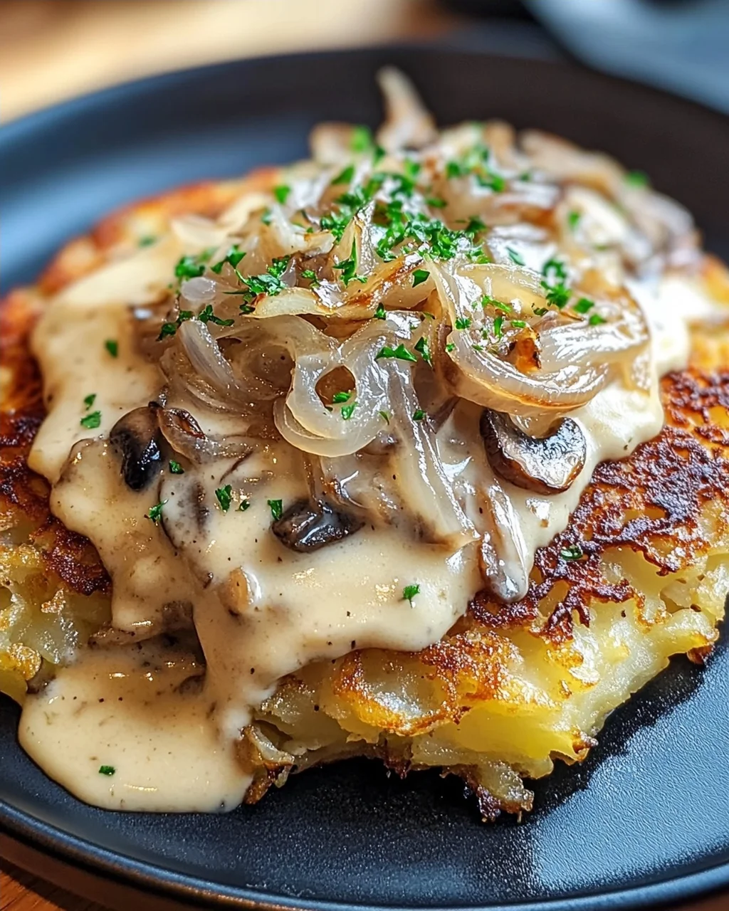 Mozzarella Rösti mit Zwiebel-Pilzrahmsoße
