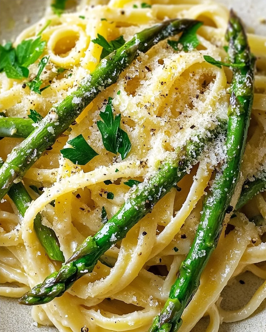 Pasta with Green Asparagus in Lemon Cream and Parmesan