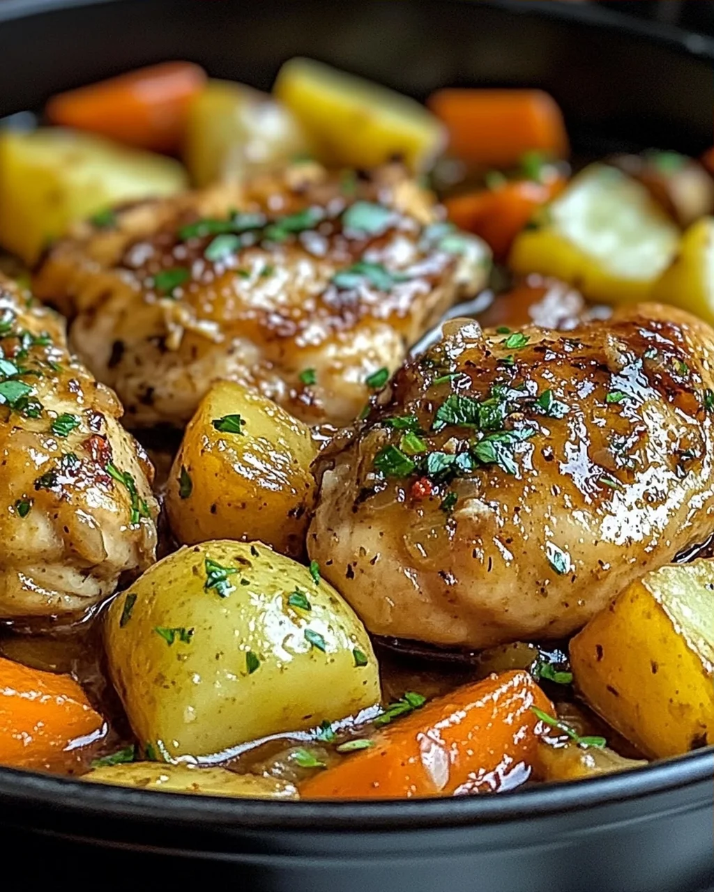 Schmortopf Knoblauchbutter Hähnchen und Gemüse Genuss