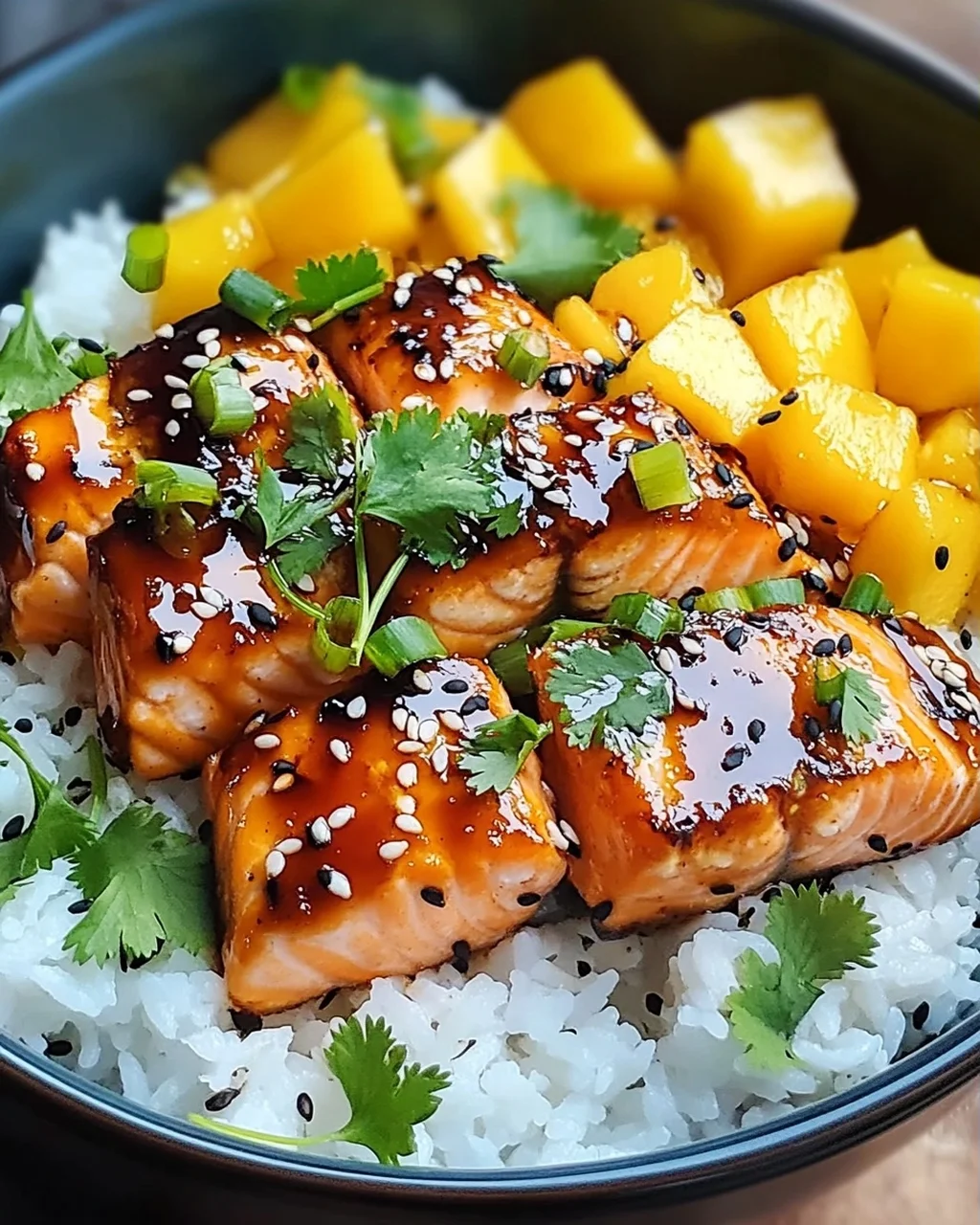 Teriyaki Lachs Reisschüssel mit Mango