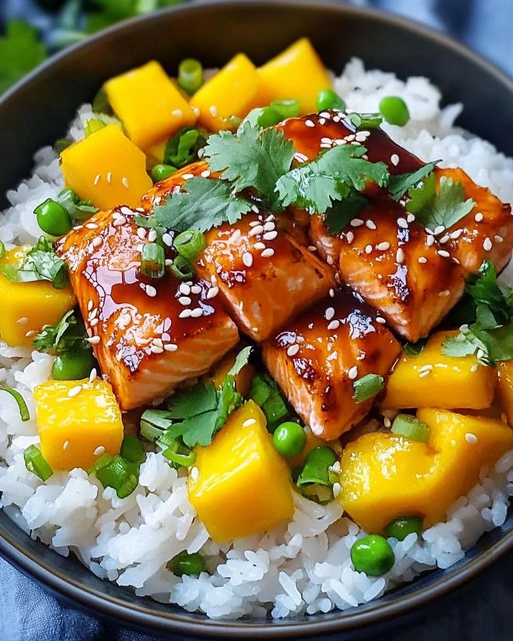Teriyaki Lachs Reisschüssel mit Mango