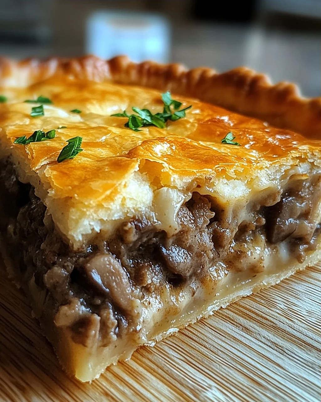 Torte mit Pilzen, Hackfleisch und Käse
