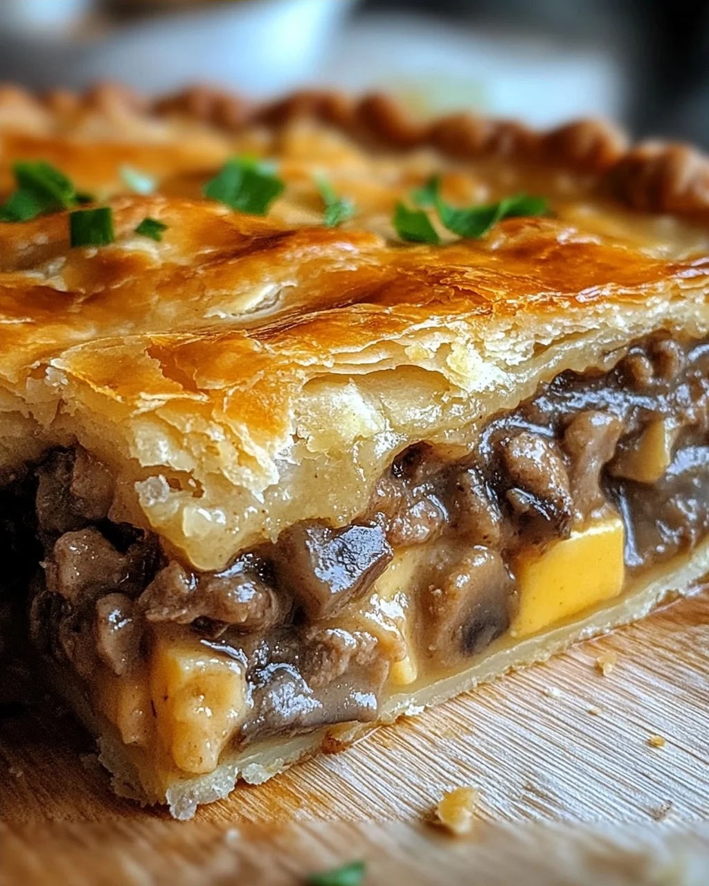 Torte mit Pilzen, Hackfleisch und Käse
