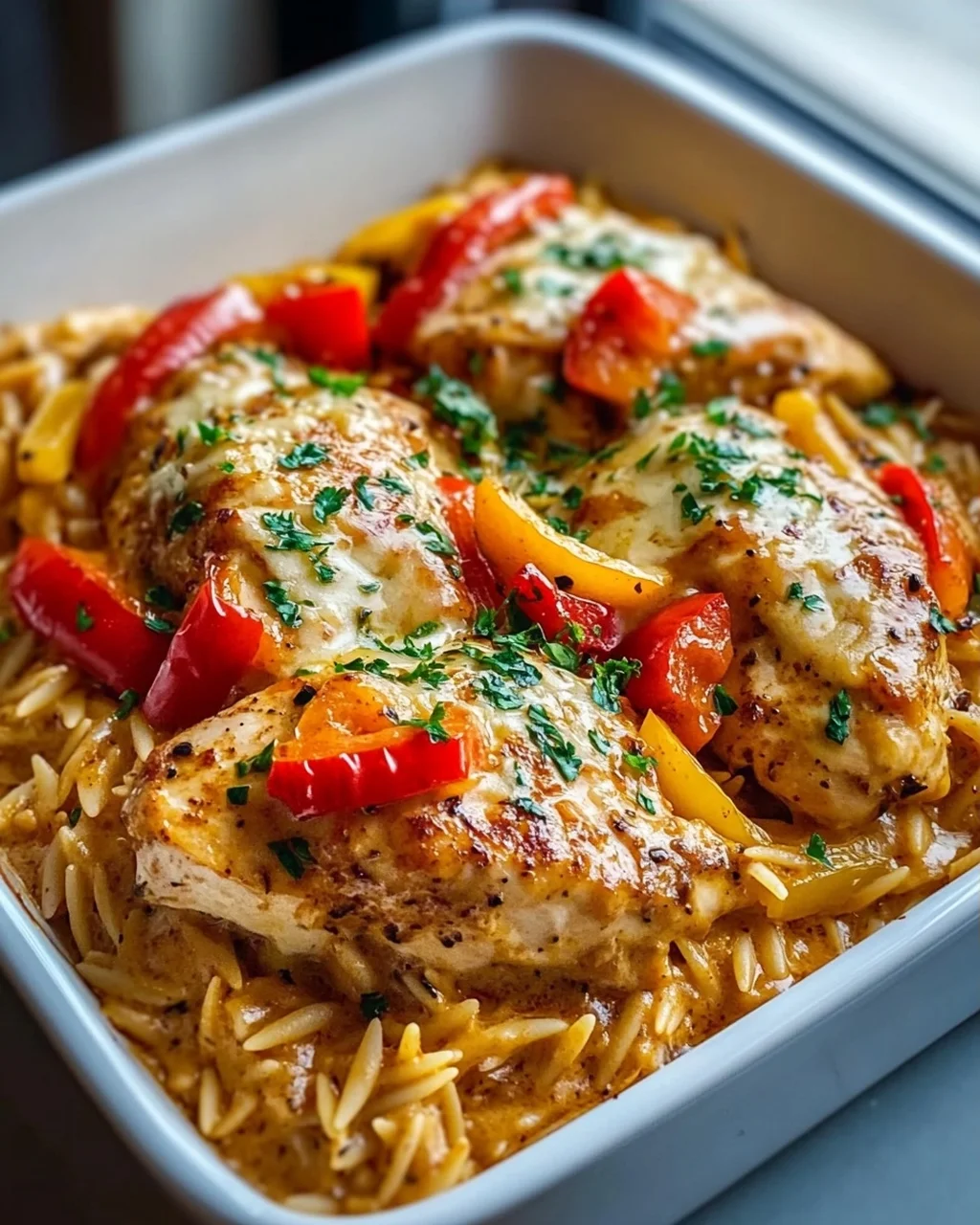 Überbackenes Paprika Sahne Hähnchen mit Orzo und Käse Rezept