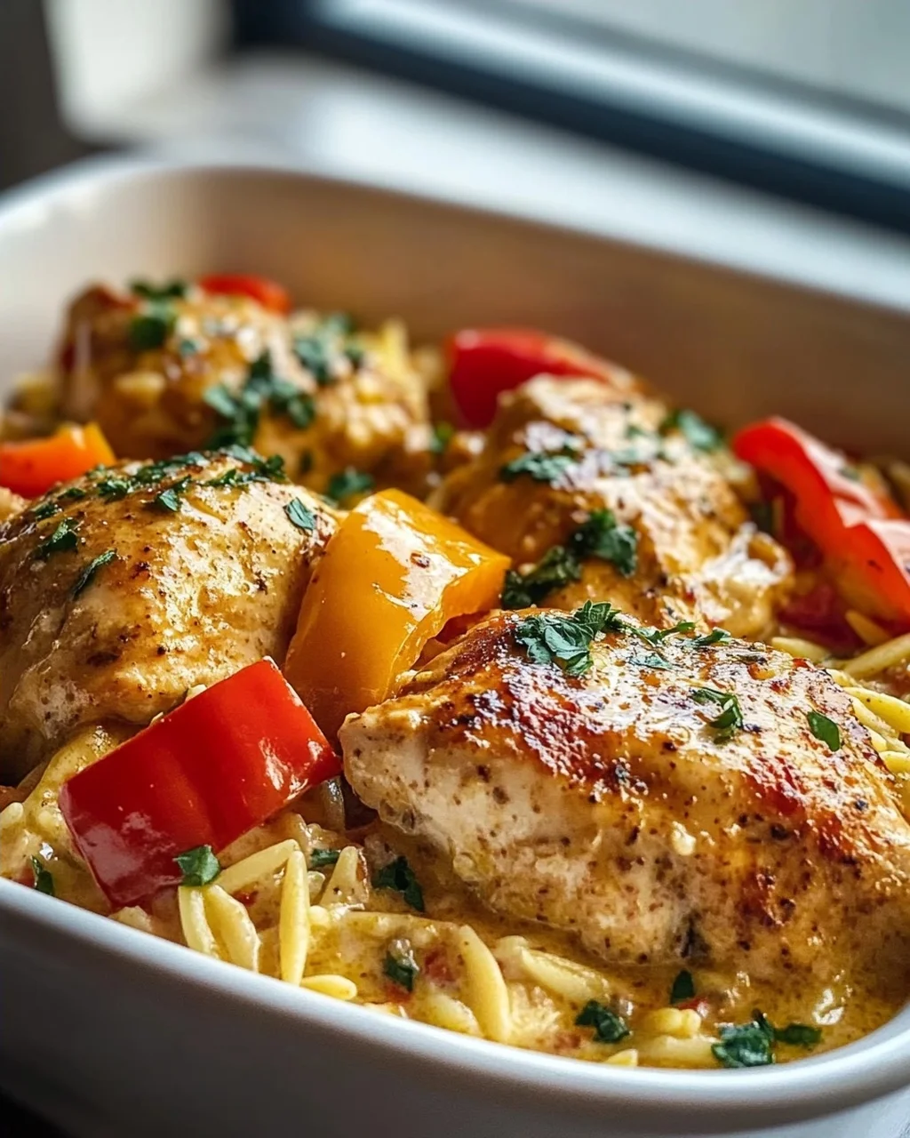 Überbackenes Paprika Sahne Hähnchen mit Orzo und Käse Rezept
