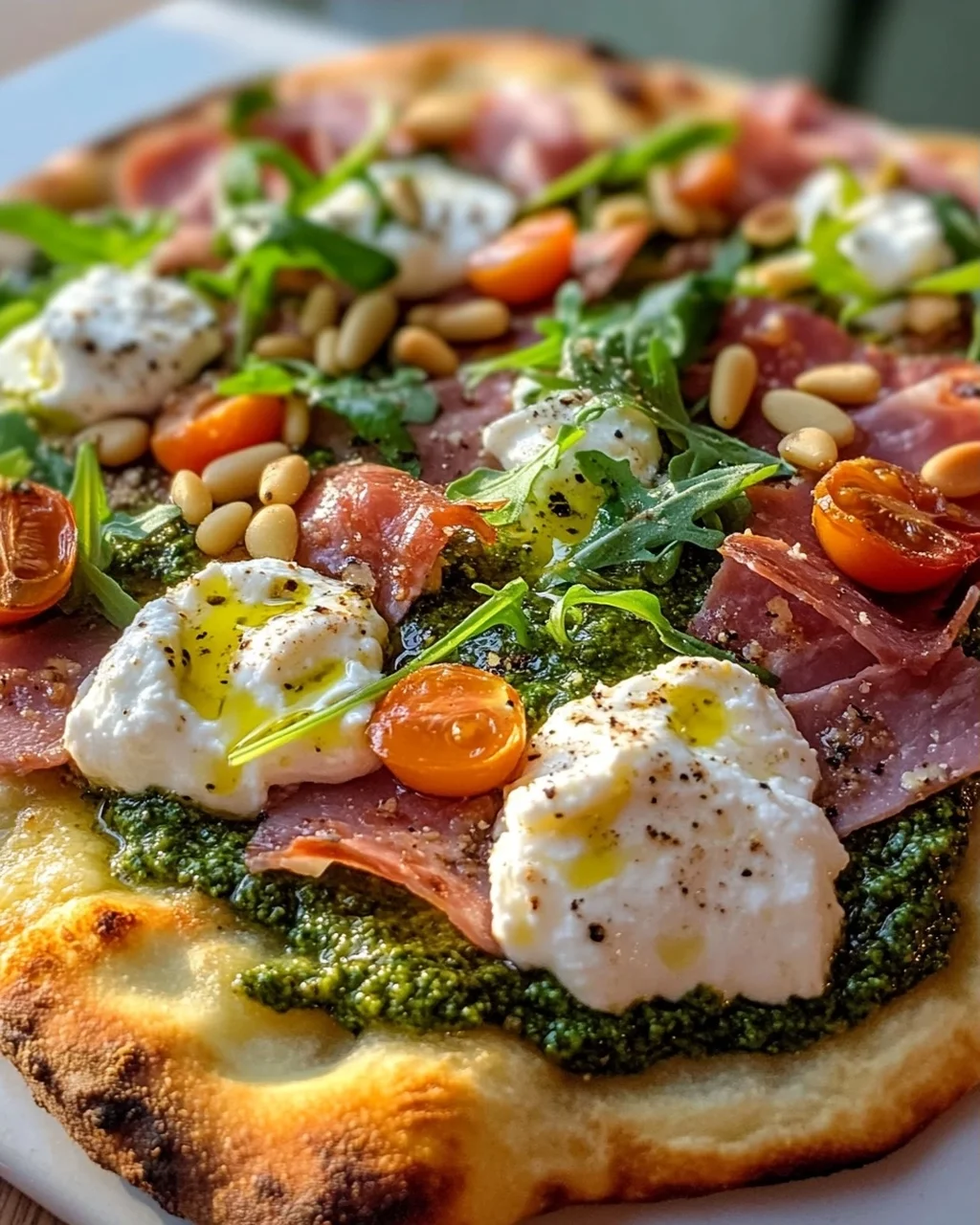Unglaubliches Pesto Beef Ham Burrata Flatbread Rezept