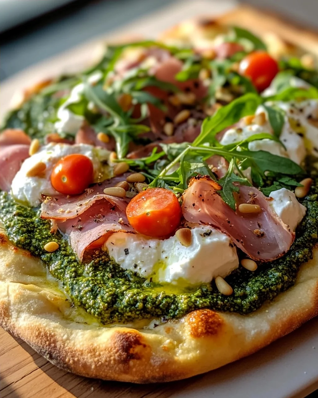 Unglaubliches Pesto Beef Ham Burrata Flatbread Rezept