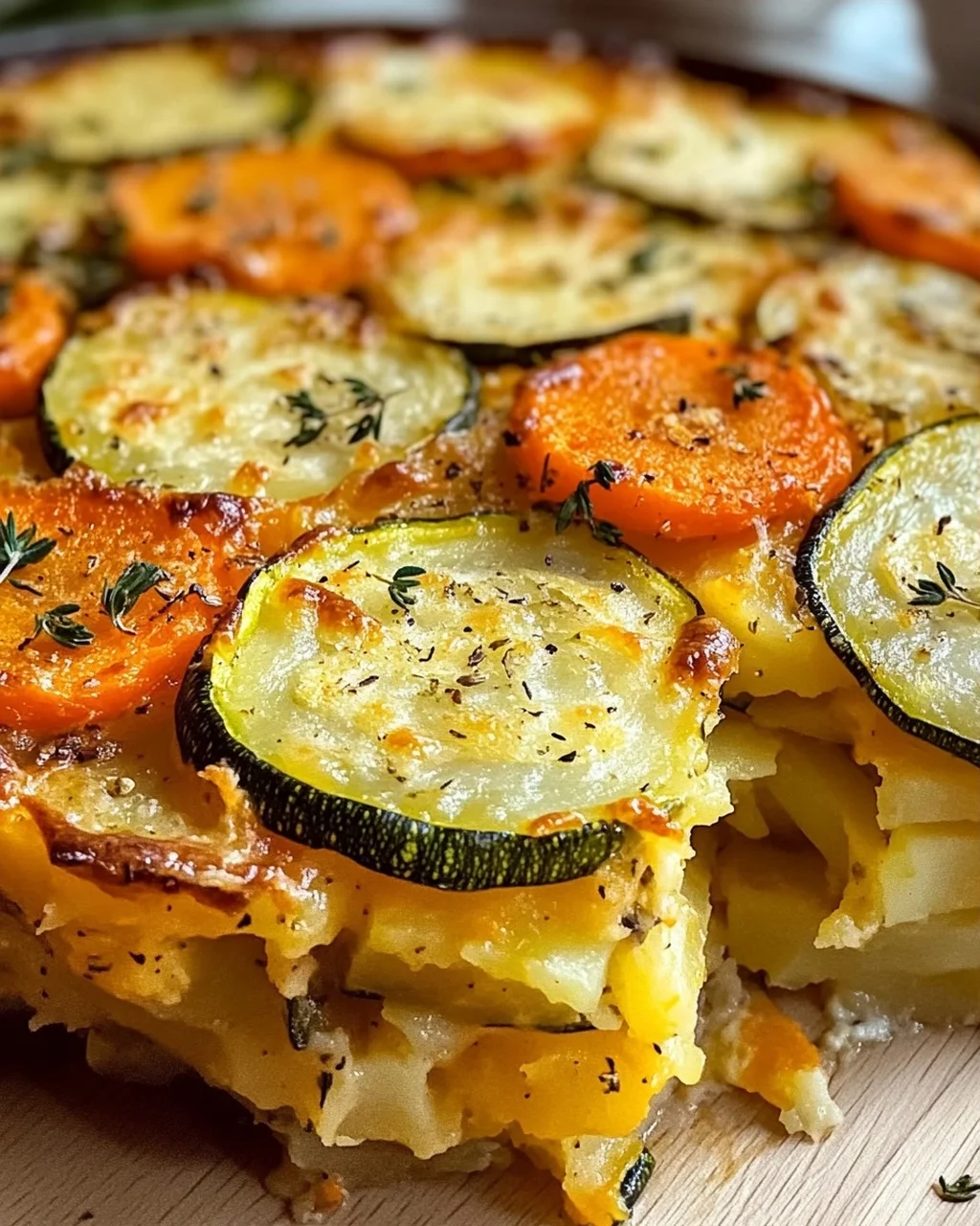 Vegetarischer Kartoffelauflauf mit Zucchini, Karotten und Zwiebeln