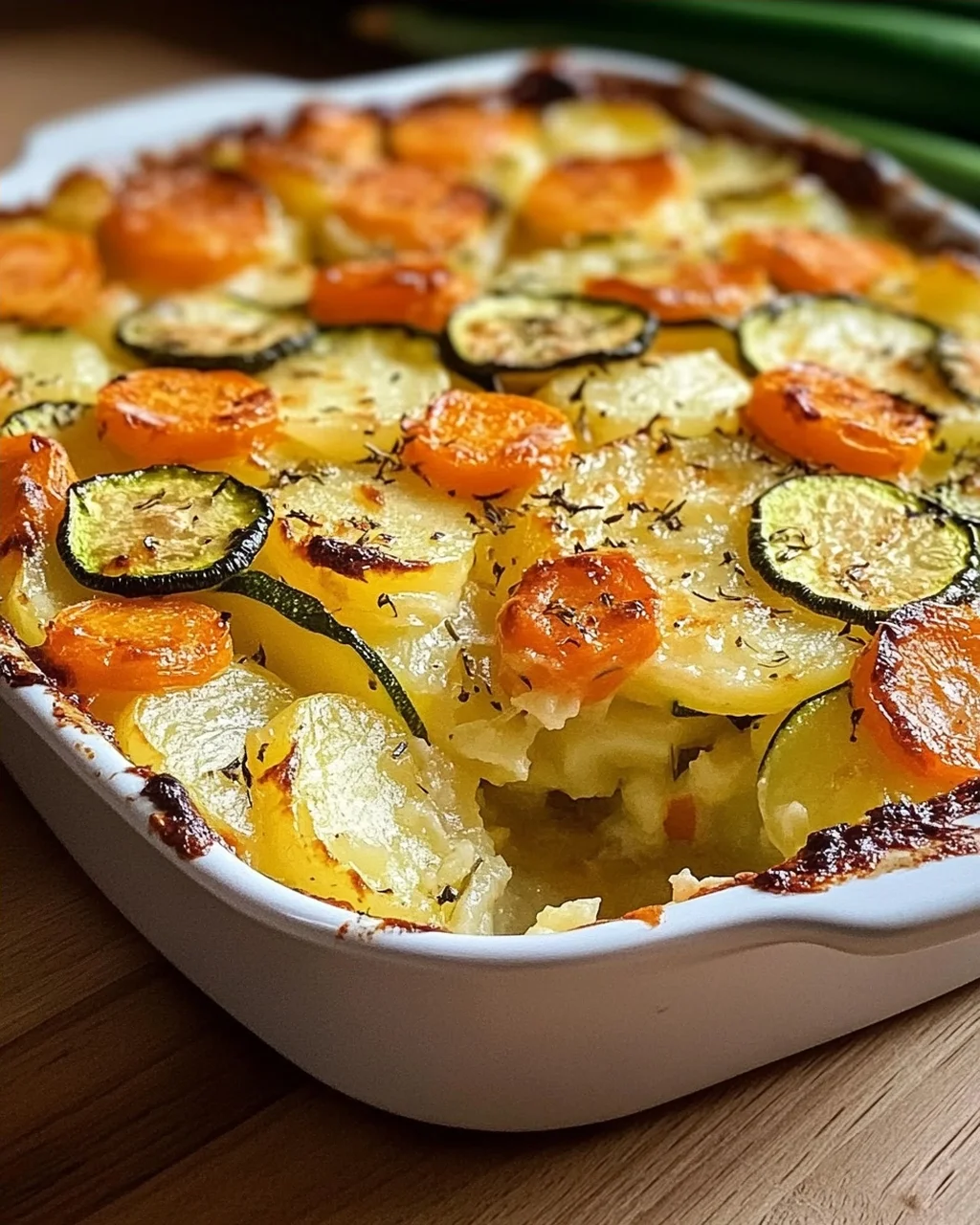 Vegetarischer Kartoffelauflauf mit Zucchini, Karotten und Zwiebeln
